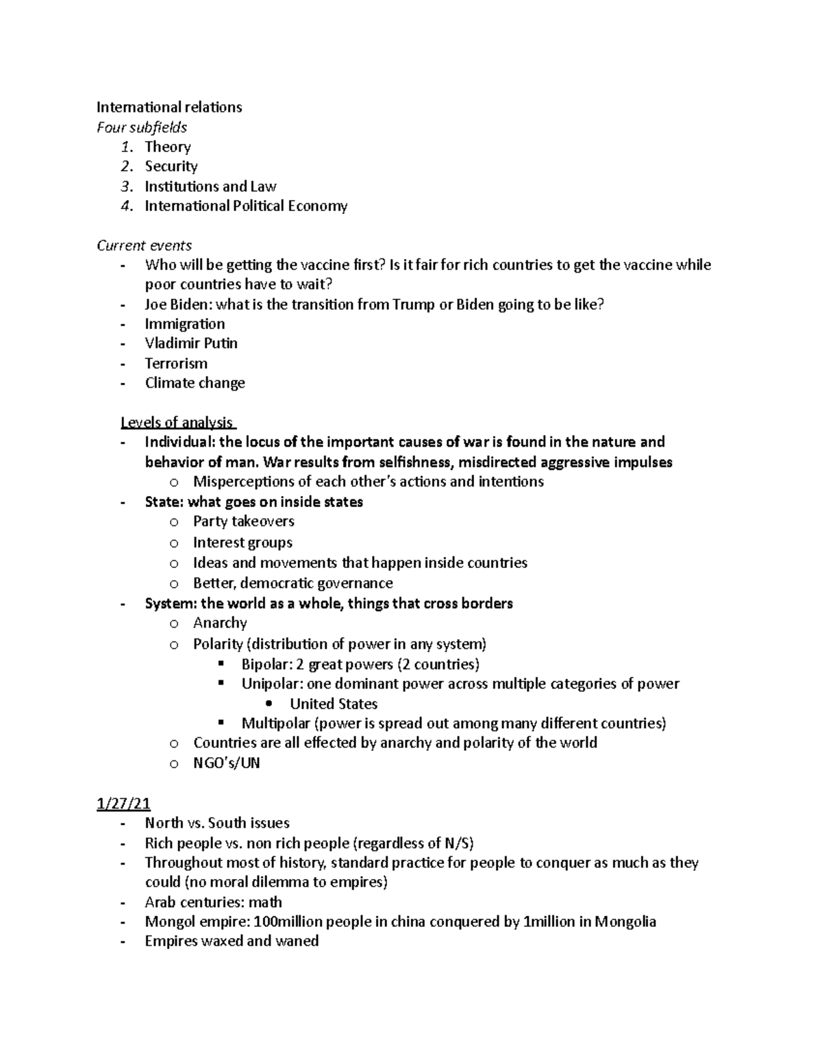 International relations, test 1 - International relations Four ...