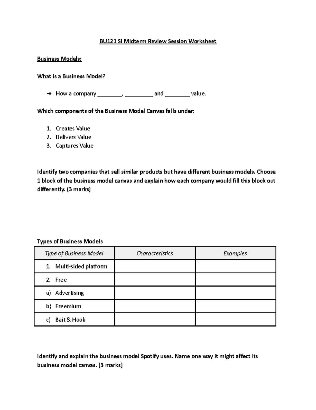 Midterm Review Worksheet - BU121 SI Midterm Review Session Worksheet ...