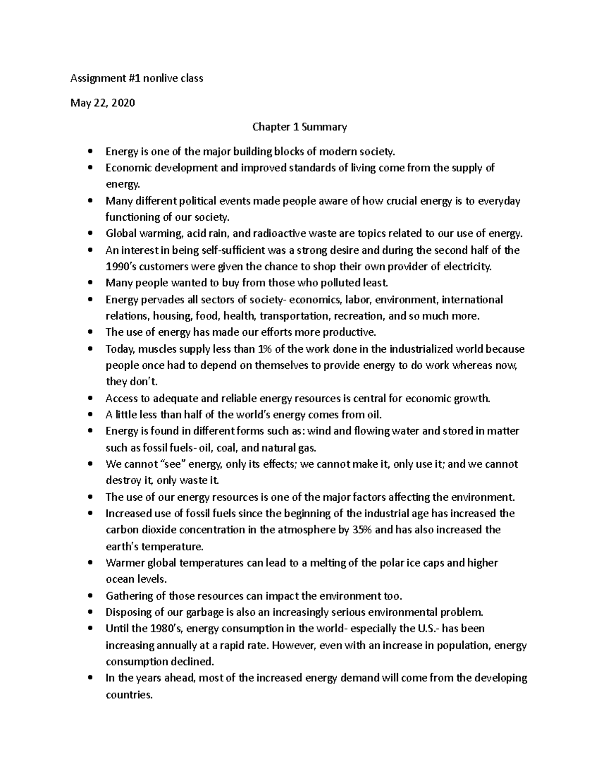 Chapter 1 summary - Lecture notes 1 - Assignment #1 nonlive class May ...
