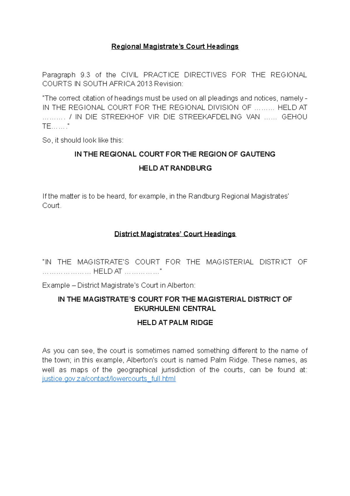 Magistrate s Court Headings Regional Magistrate s Court Headings