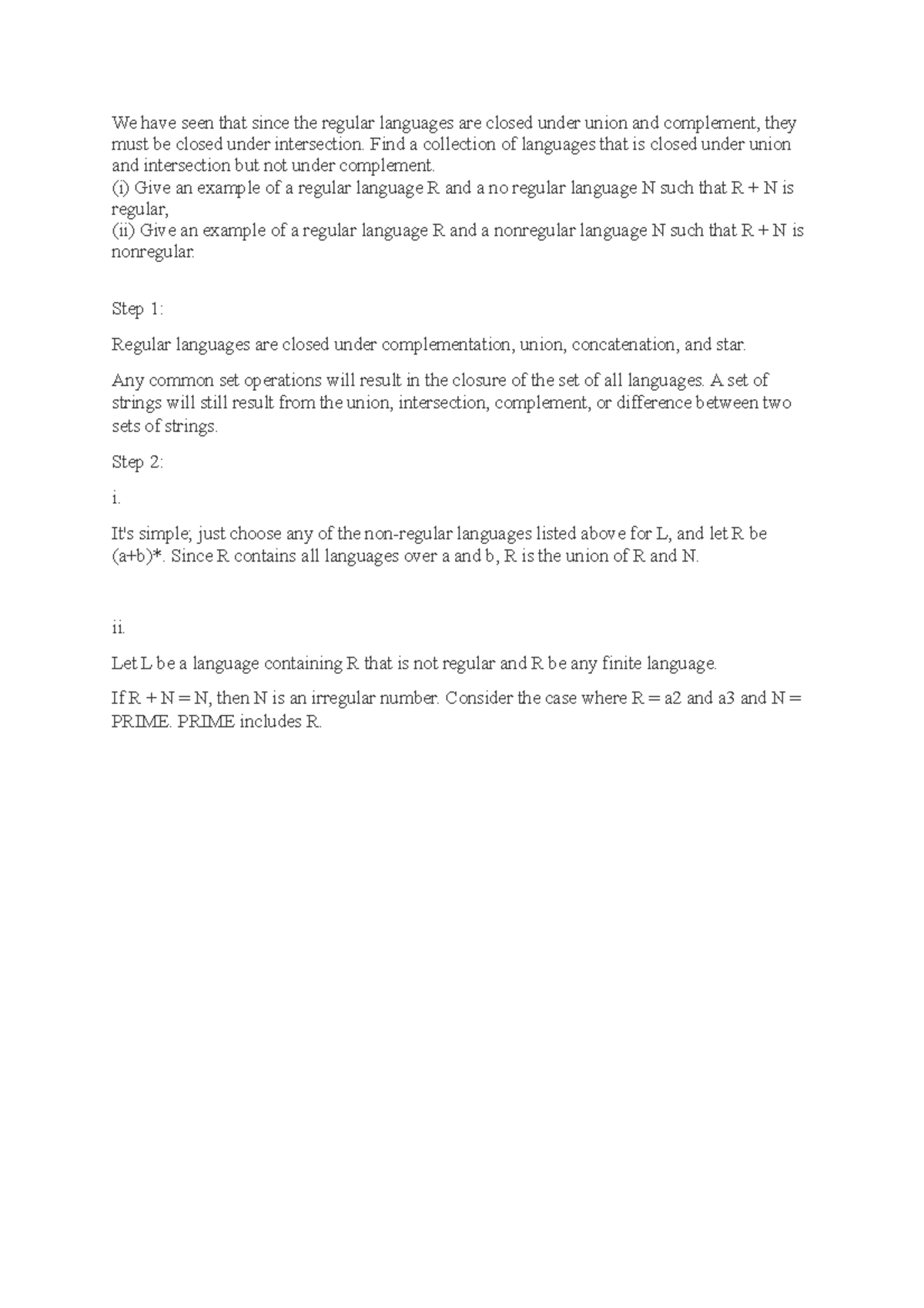 Give an example of a regular language R and a no regular language N ...