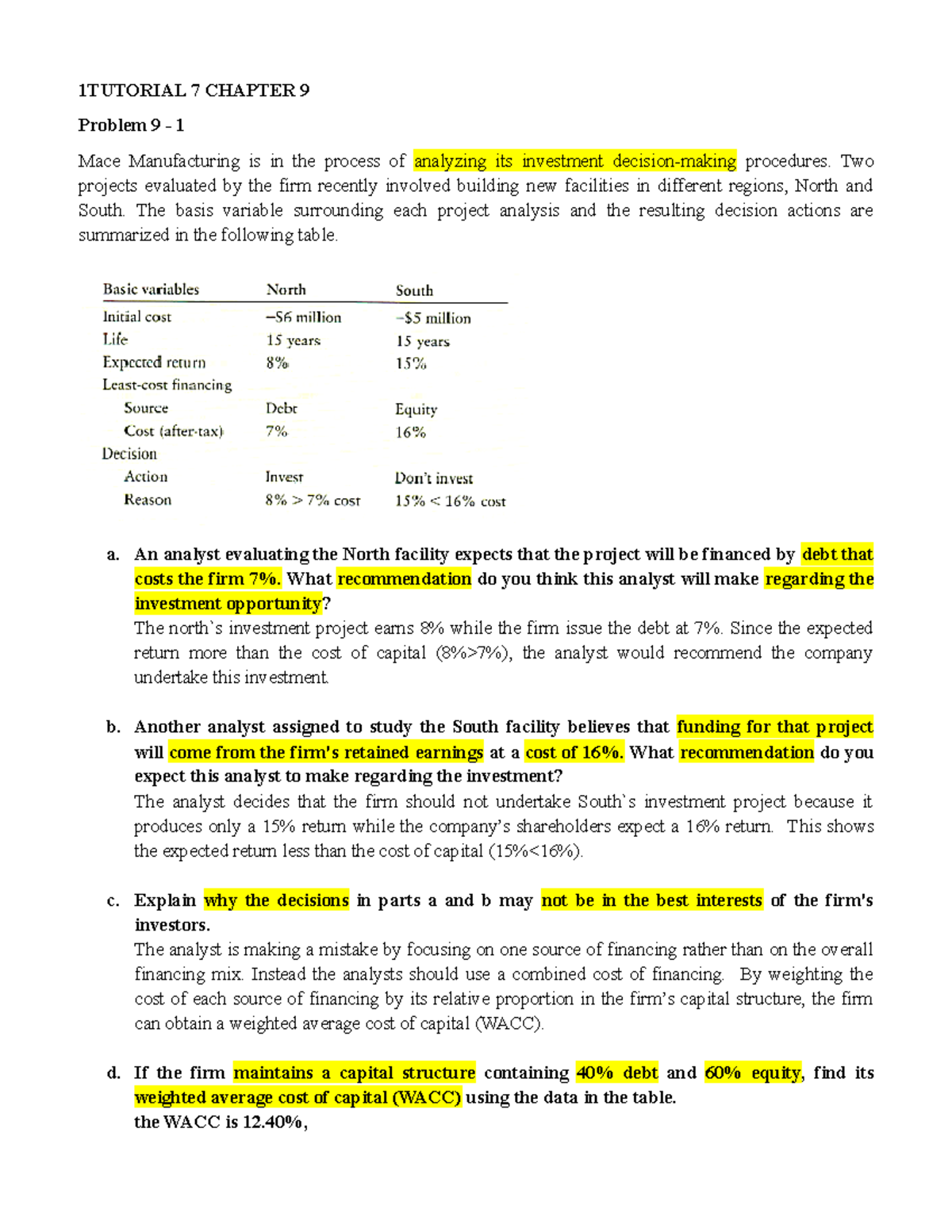 Chapter 9 Question and answer 1TUTORIAL 7 CHAPTER 9 Problem 9 1