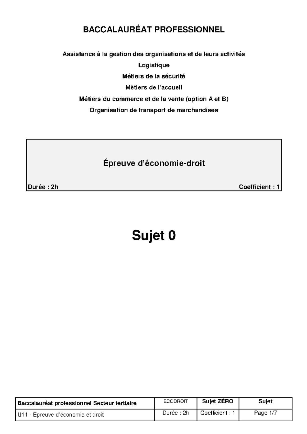 ECO sujet 0 anales de bac Baccalauréat professionnel Secteur