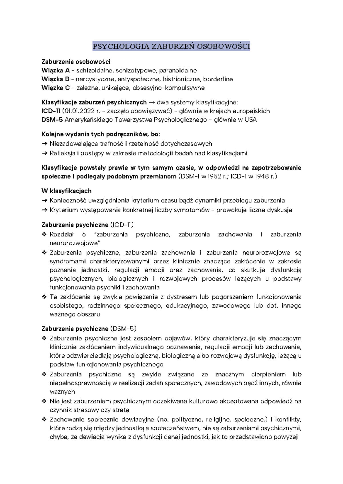 Psychologia zaburzeń osobowości - wykład 1 - PSYCHOLOGIA ZABURZEŃ