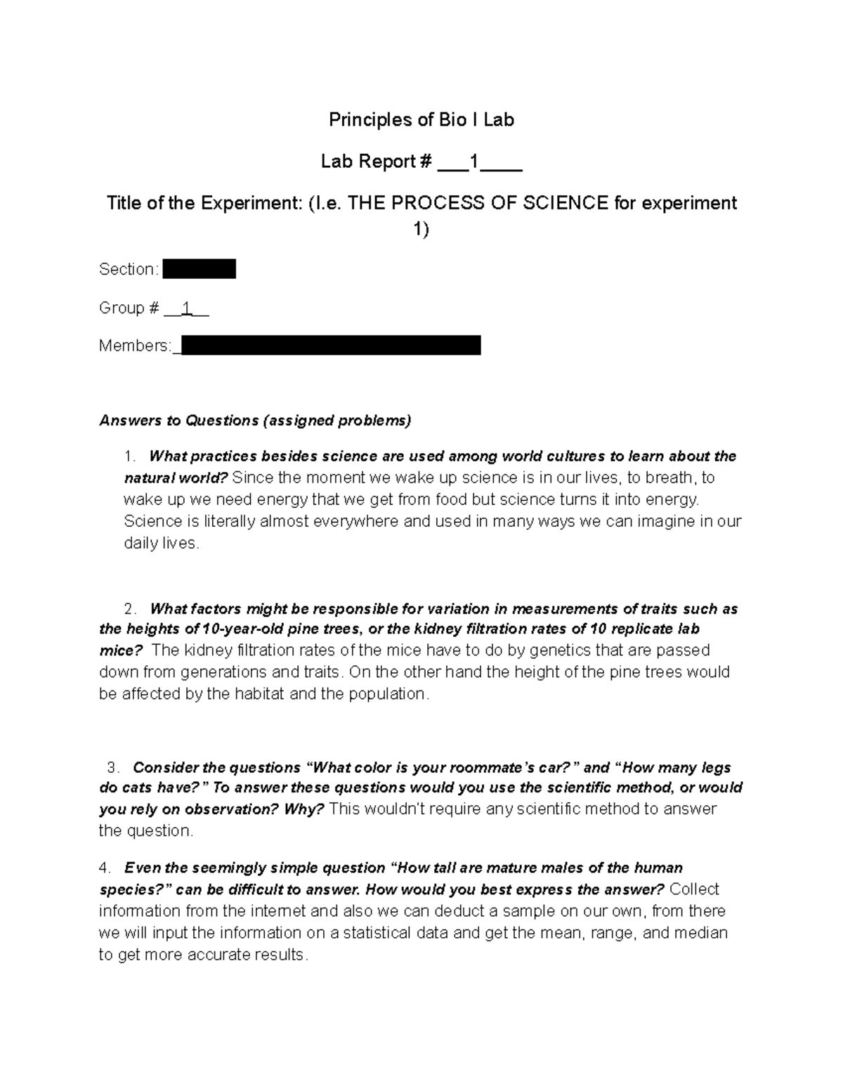 Principles of Bio I Lab - this is about the lab report that was ...