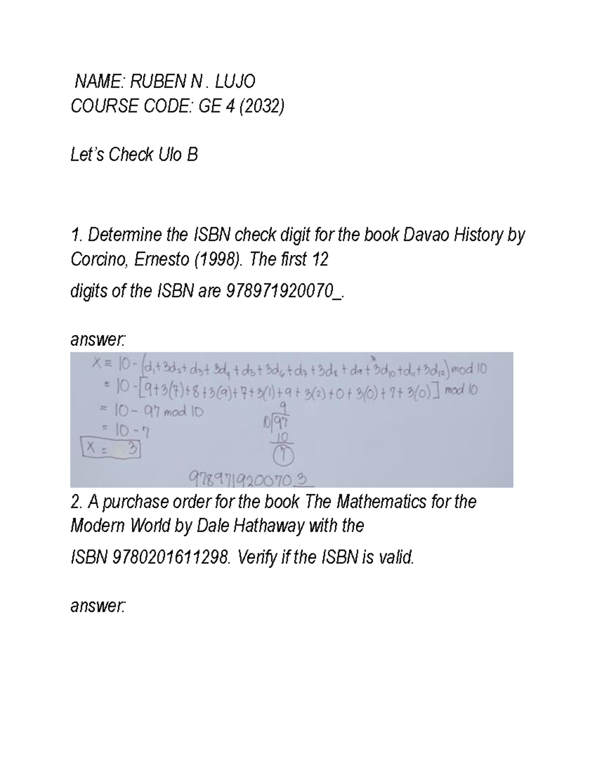 Ruben Lujo GE 4 (2032) LETS Check ULO B - NAME: RUBEN N. LUJO COURSE ...
