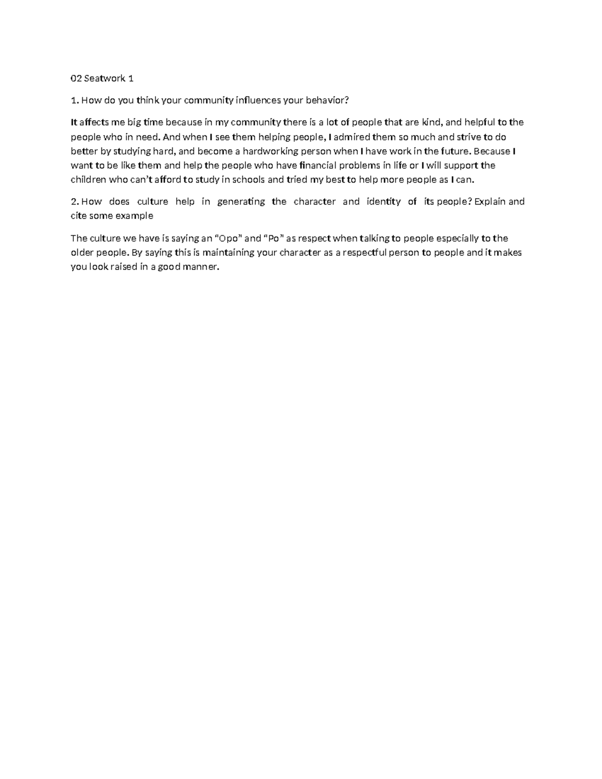 02 Seatwork 1 Ethics 02 Seatwork 1 How do you think your community