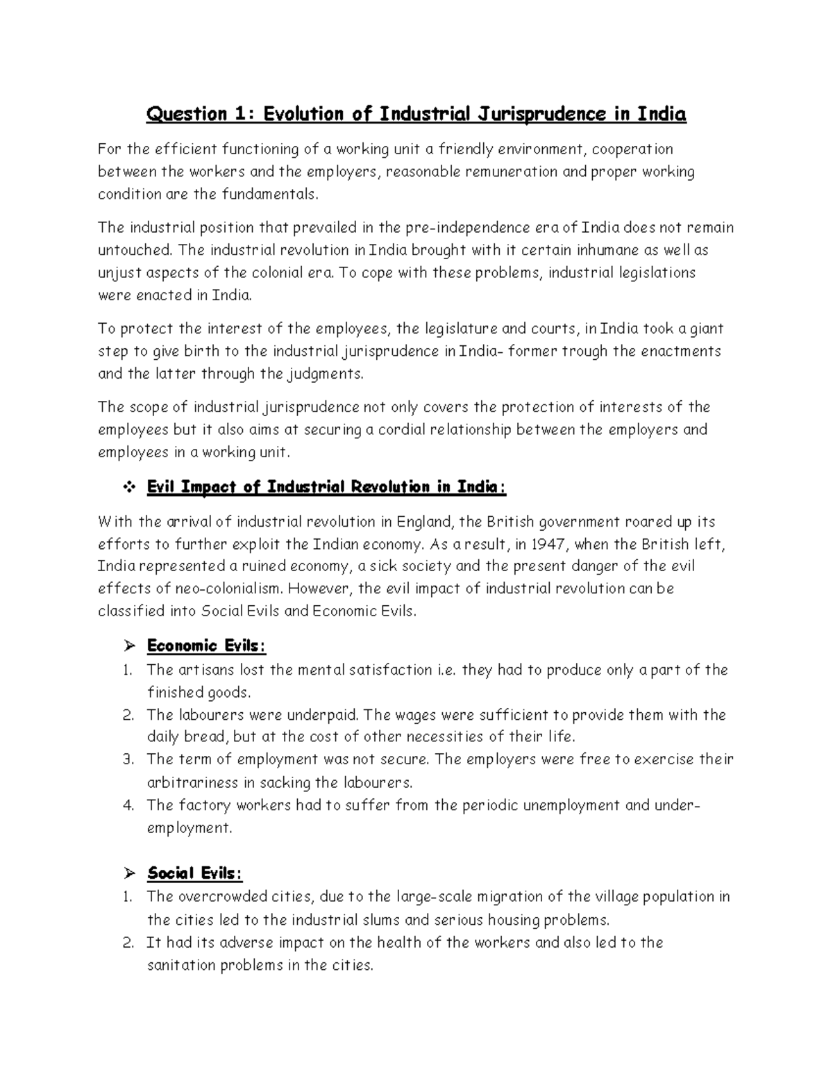 Notes Labour Law Question 1 Evolution of Industrial Jurisprudence