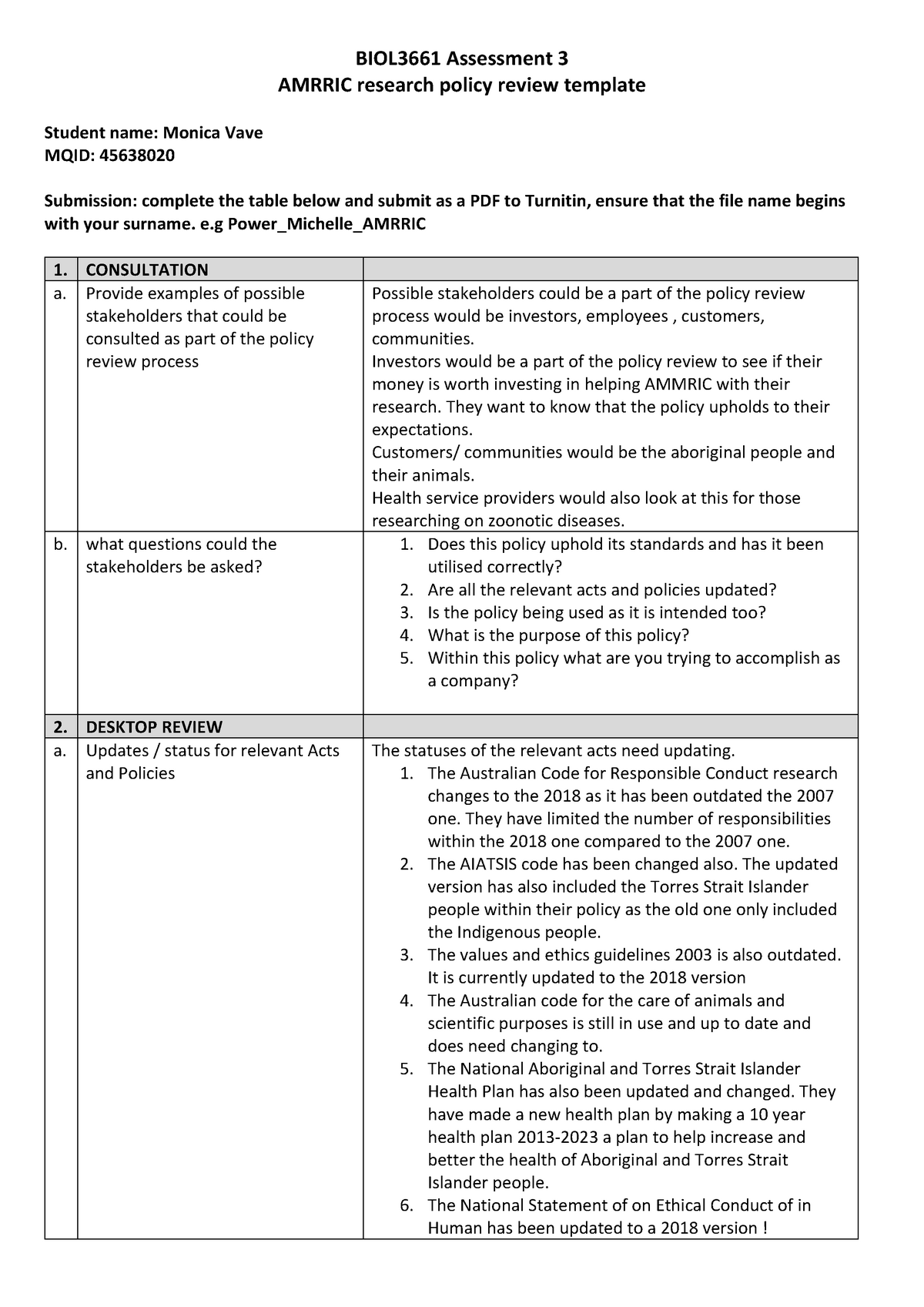 Policy review template Amrric Aug 24-2 - BIOL3661 Assessment 3 AMRRIC ...