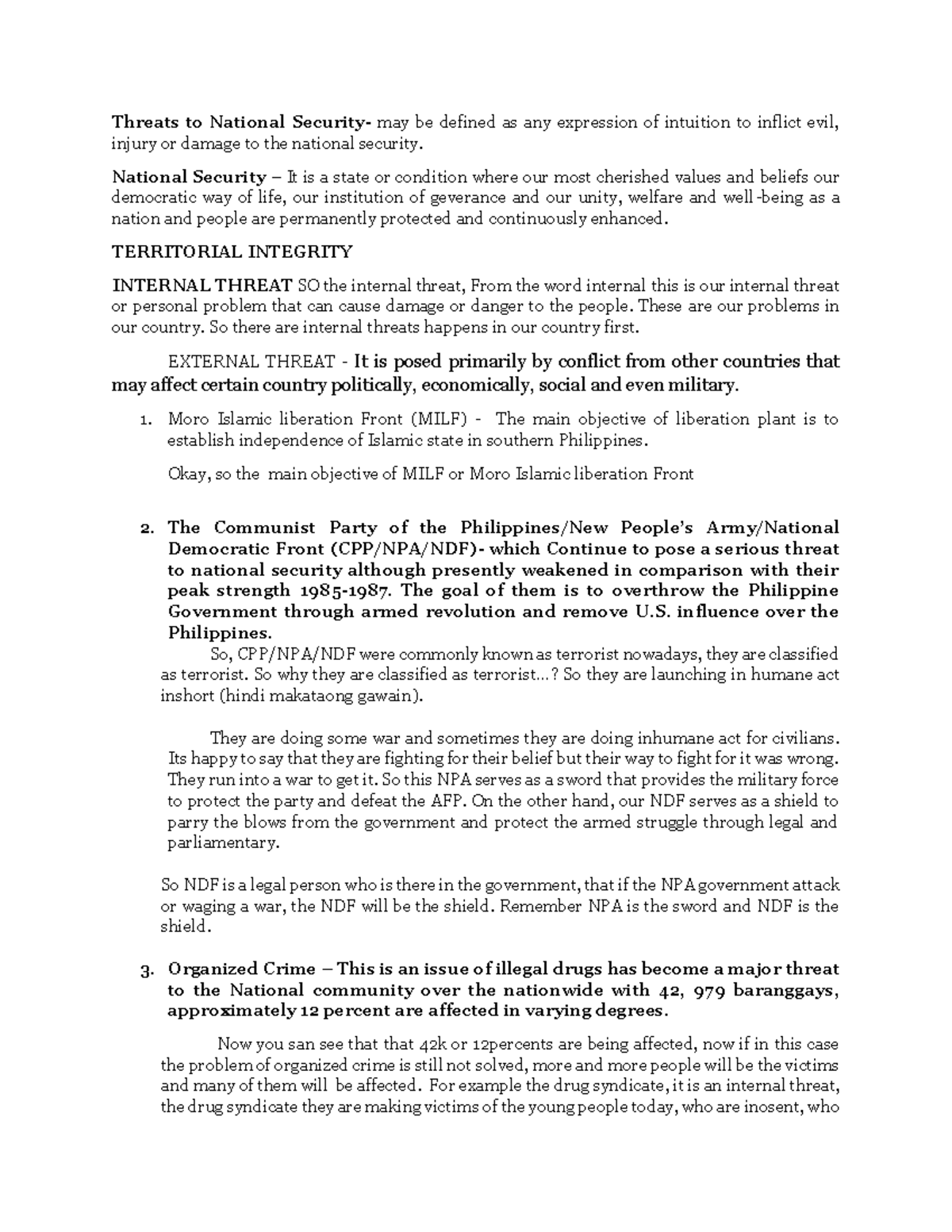 Threats to National Security script report Threats to National