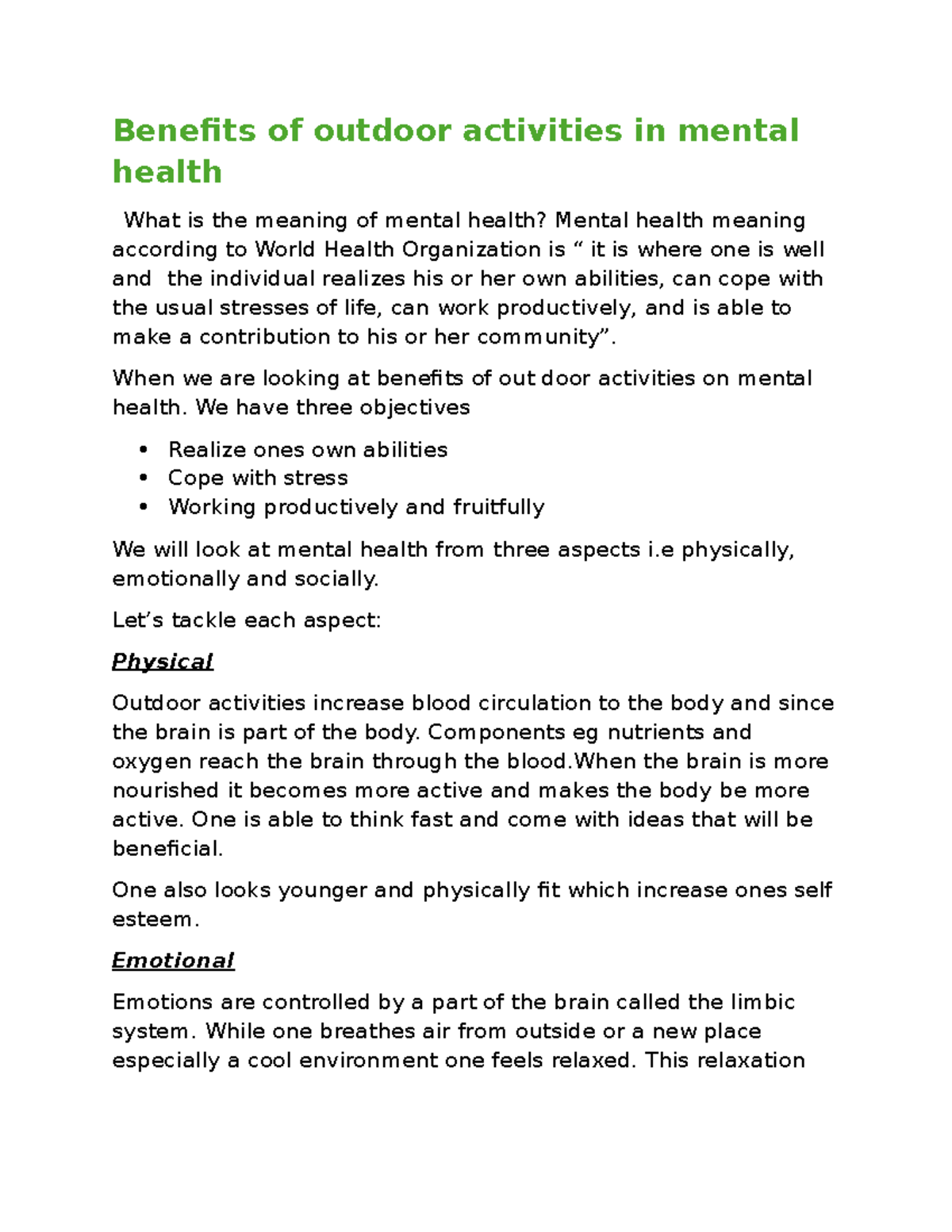 Mental health 001 - Benefits of outdoor activities in mental health ...
