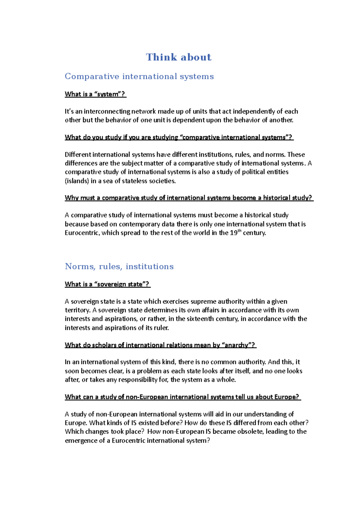Think About H1 Think About Comparative International Systems What