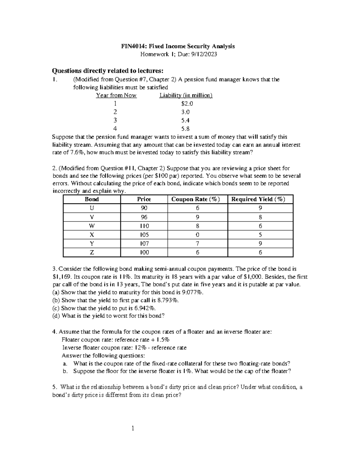 Hw1 fin7037 - Respective Assignment - 1 FIN 4014 : Fixed Income ...