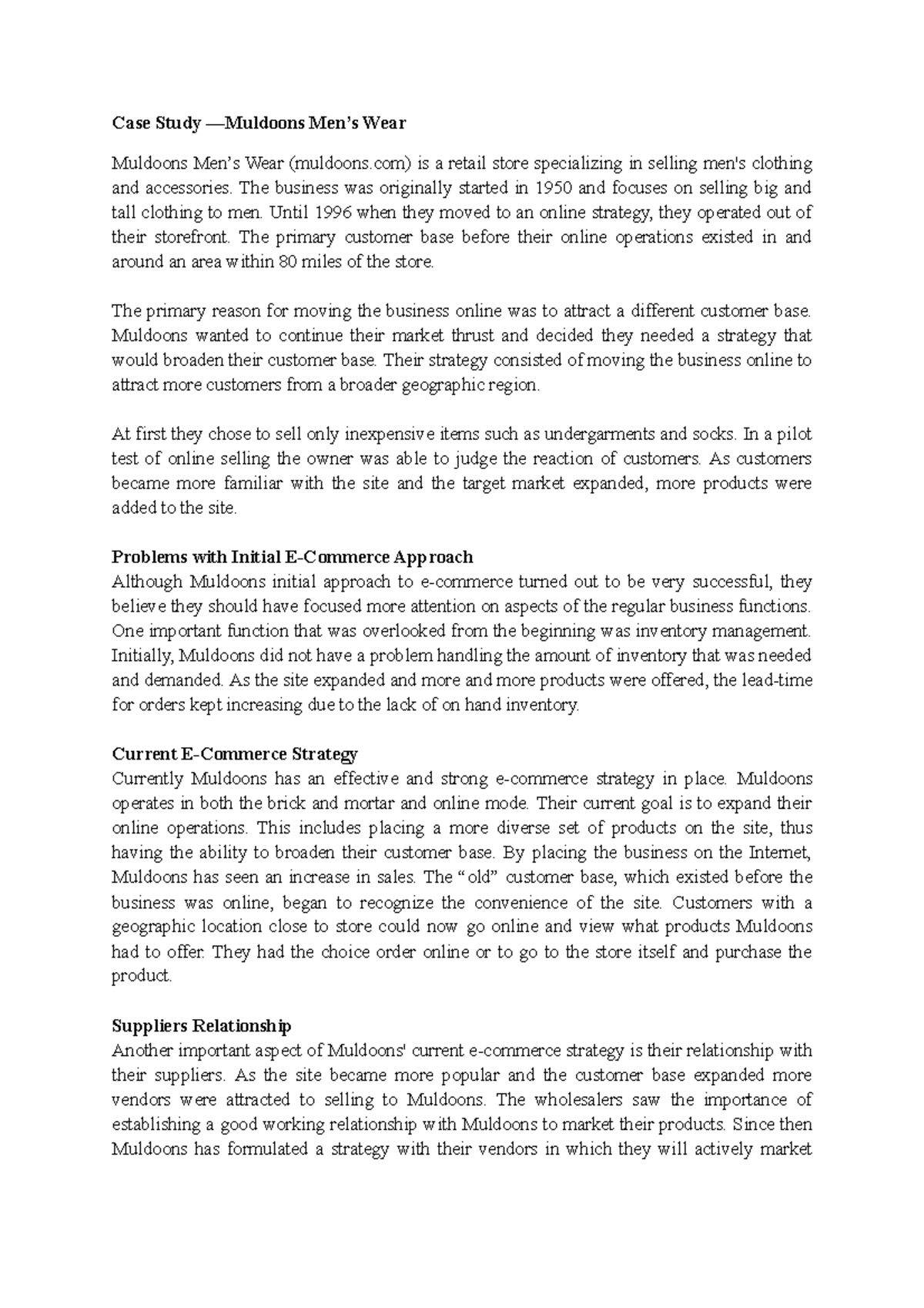Case Study - MIS - MIS Notes - Case Study —Muldoons Men’s Wear Muldoons ...