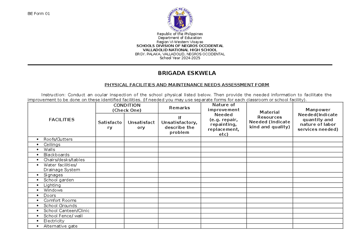 BE Form 1 Physical Facilities AND Maintenance Needs Assessment FORM ...