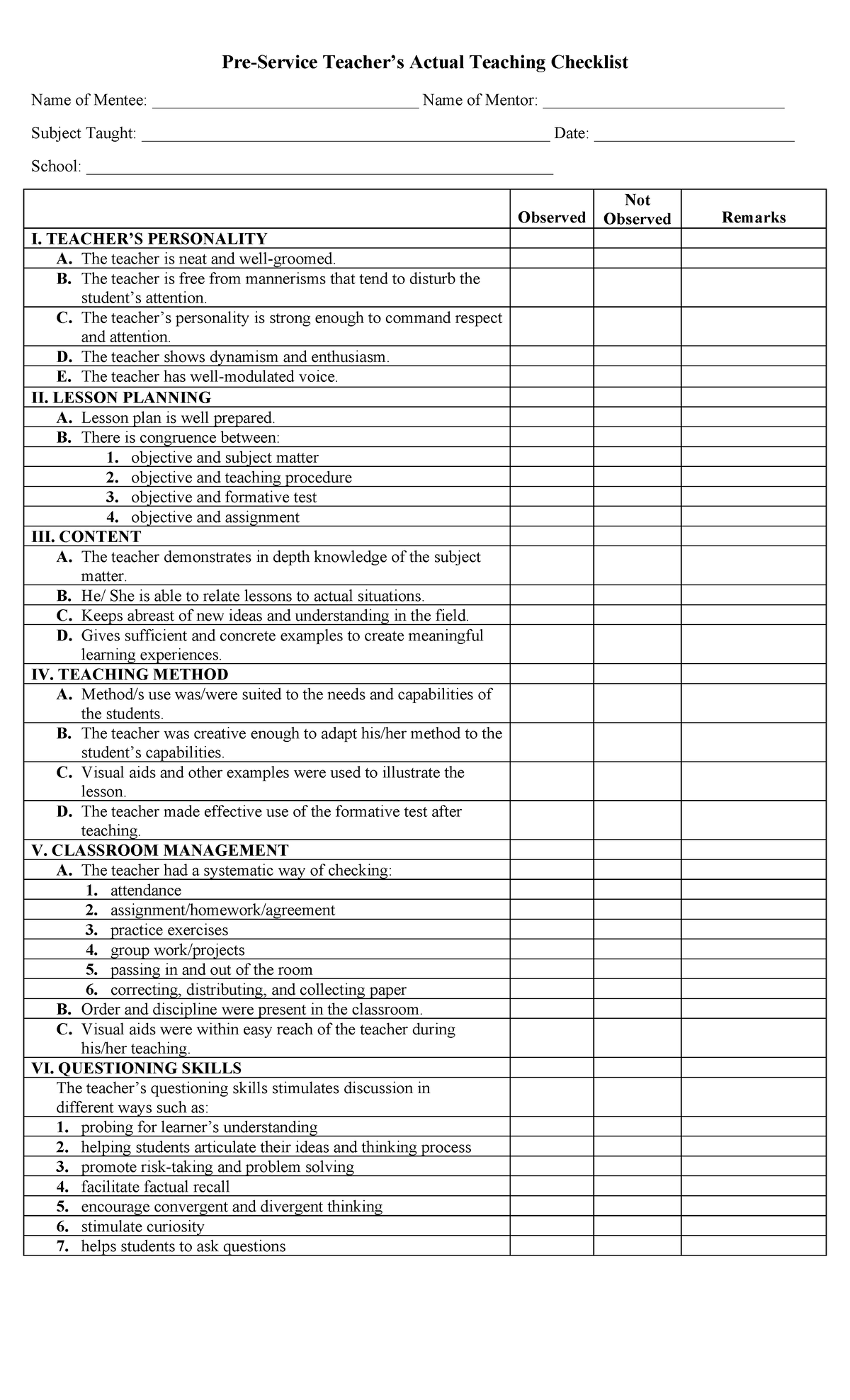 Pre service teachers actual teaching checklist p - Pre-Service Teacher ...