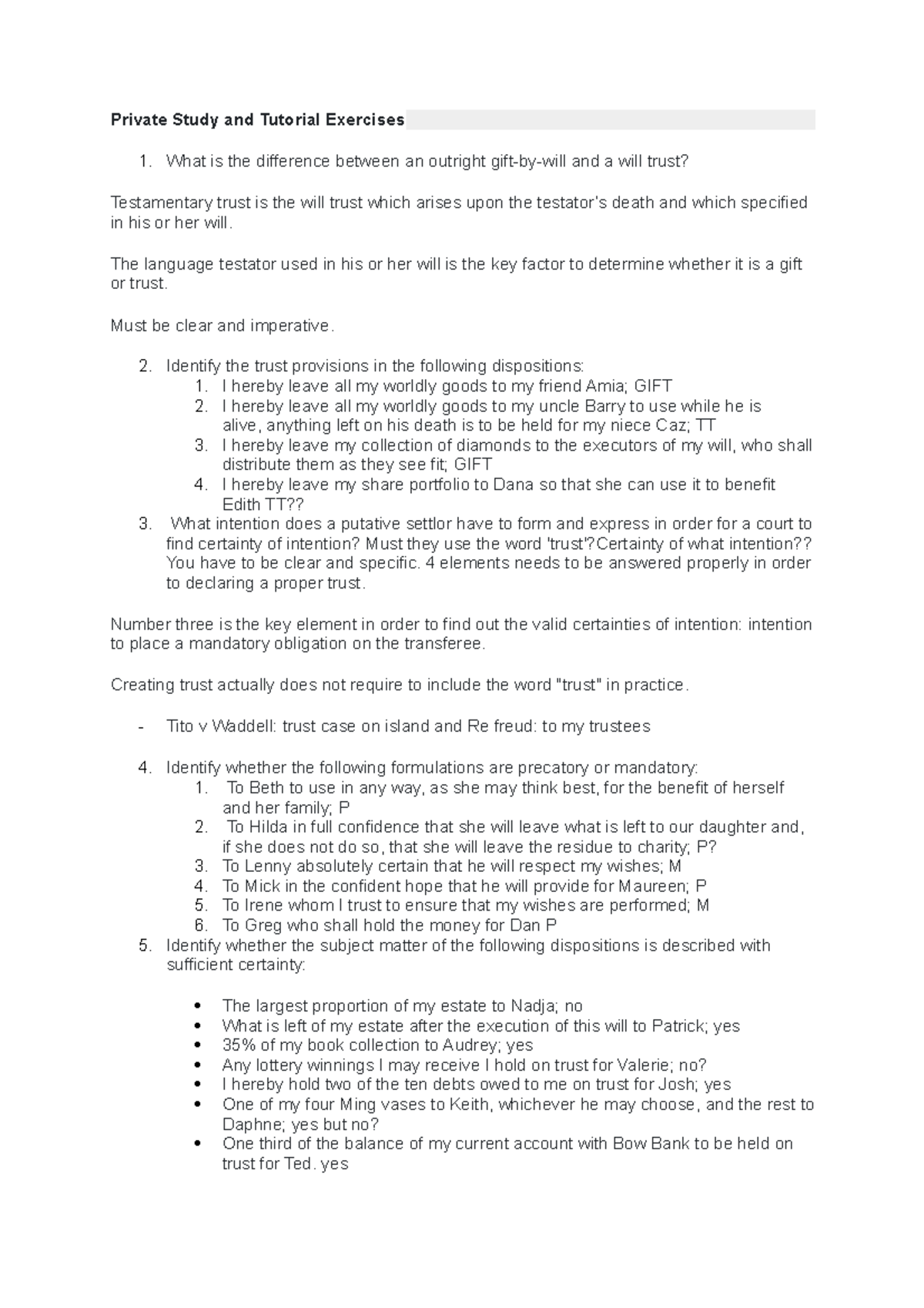 Equity and Trust Tutorial 2 - Private Study and Tutorial Exercises What ...