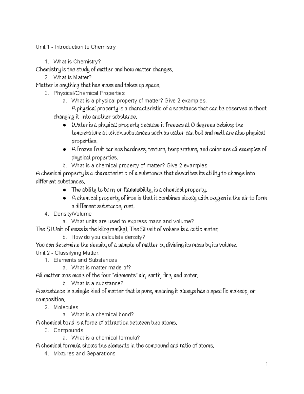 MISA Study Guide - Unit 1 - Introduction to Chemistry 1. What is ...