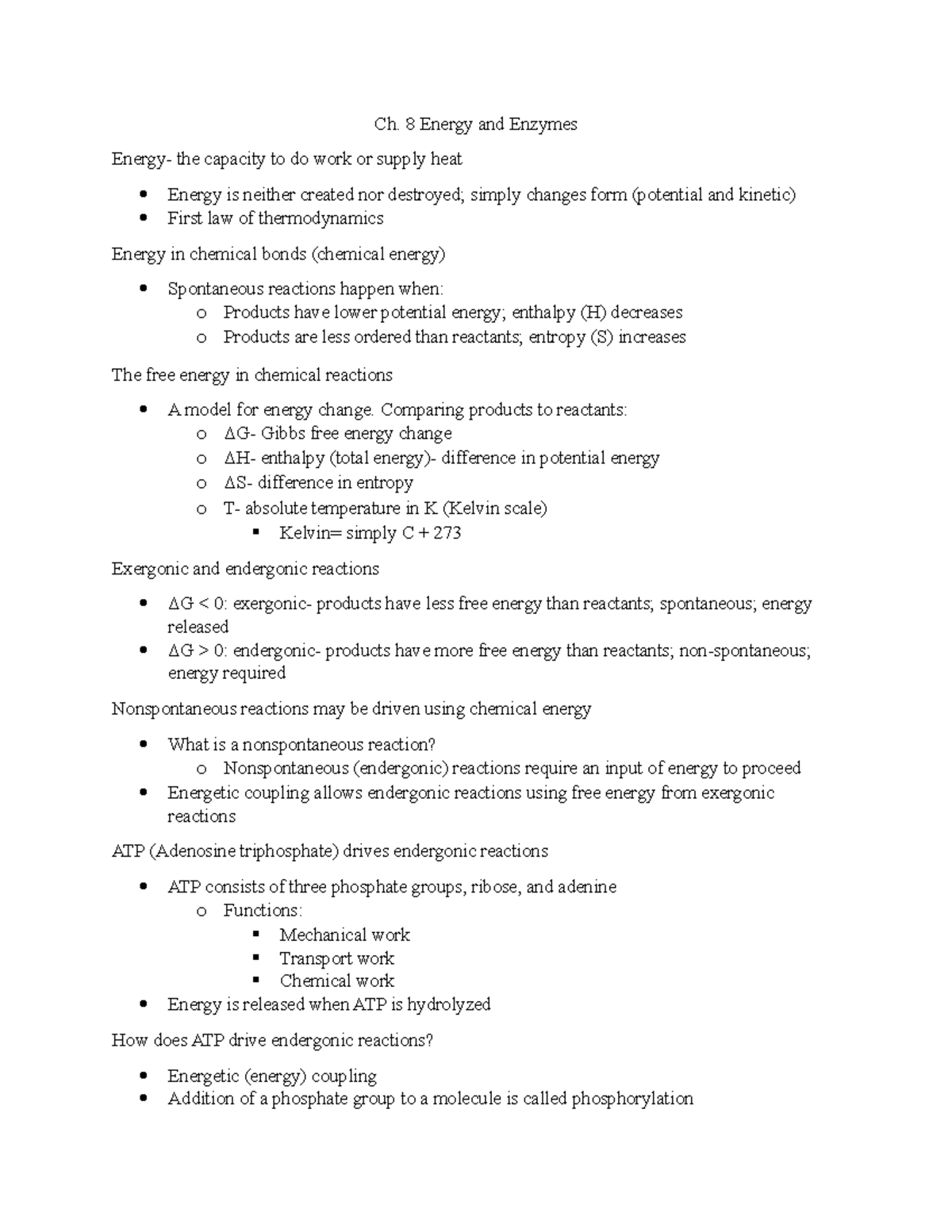 Biol energy and enzymes - Ch. 8 Energy and Enzymes Energy- the capacity ...