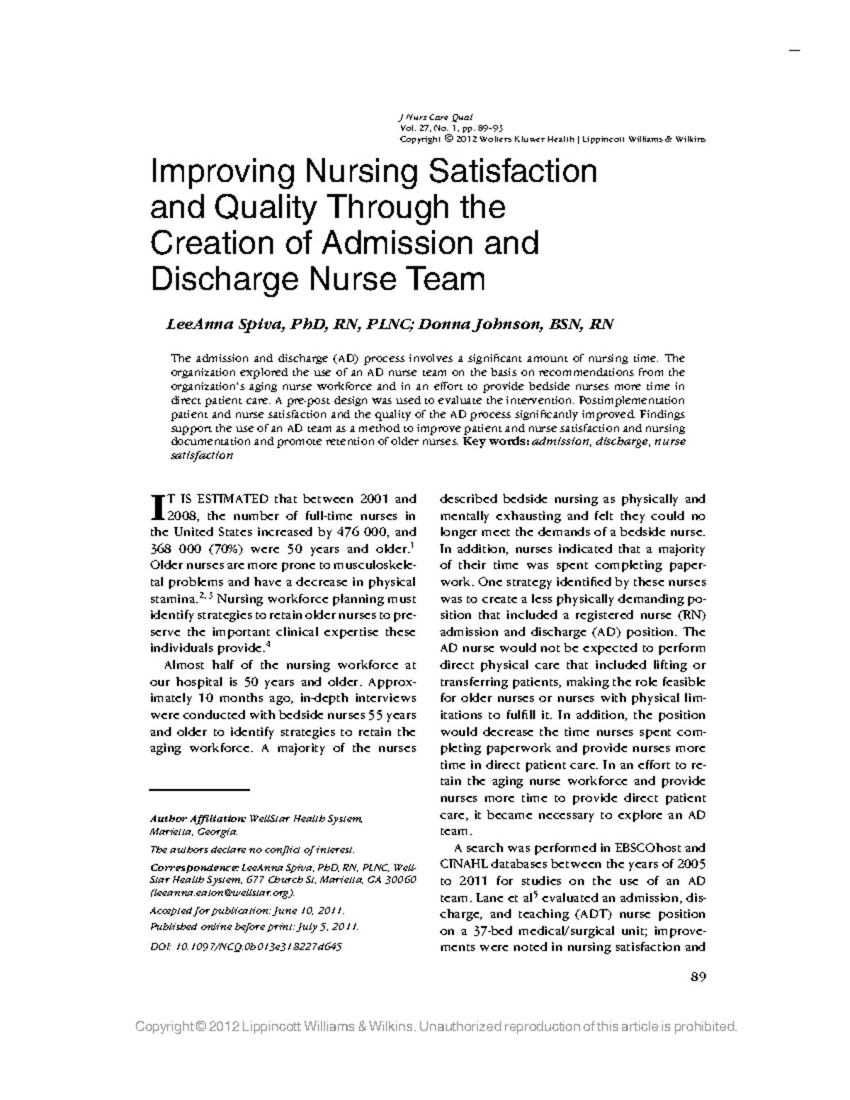 Improving Nursing Satisfaction and Quality Through J Nurs Care Qual