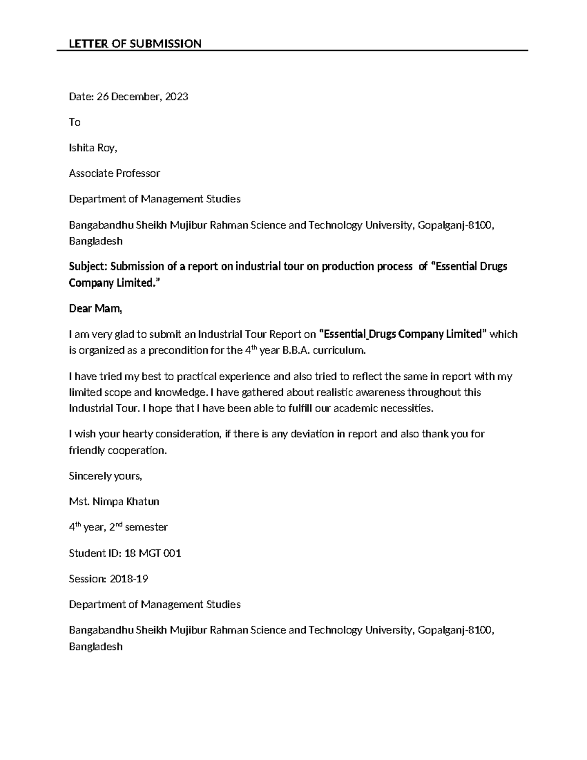 A Research work on EDCL - LETTER OF SUBMISSION Date: 26 December, 2023 ...