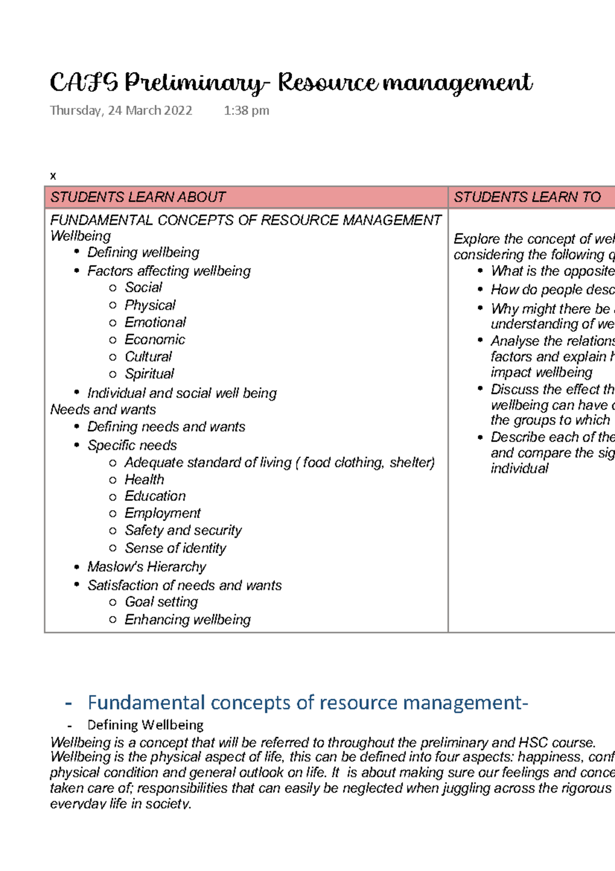 CAFS Preliminary- Resource Management - X STUDENTS LEARN ABOUT STUDENTS ...