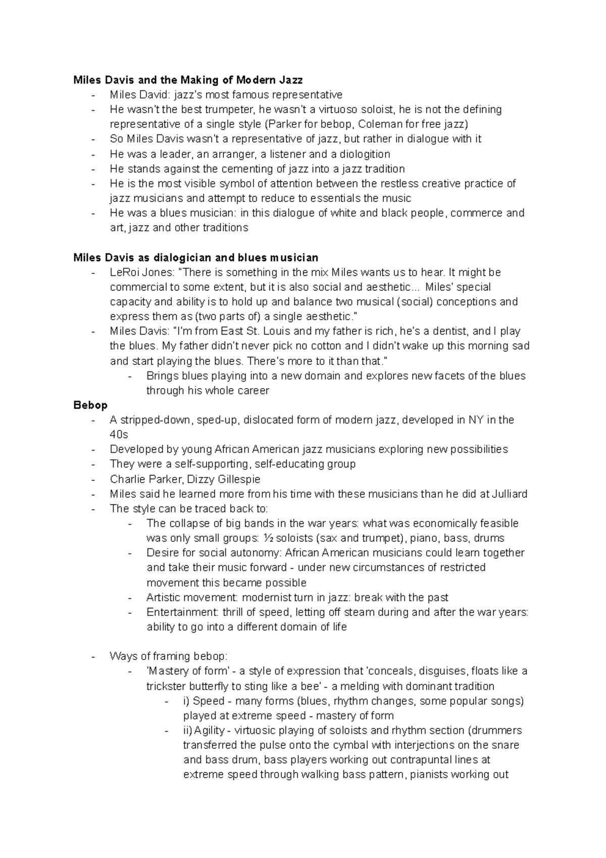 Notes On Lecture 2 - Jazz - Miles Davis And The Making Of Modern Jazz ...