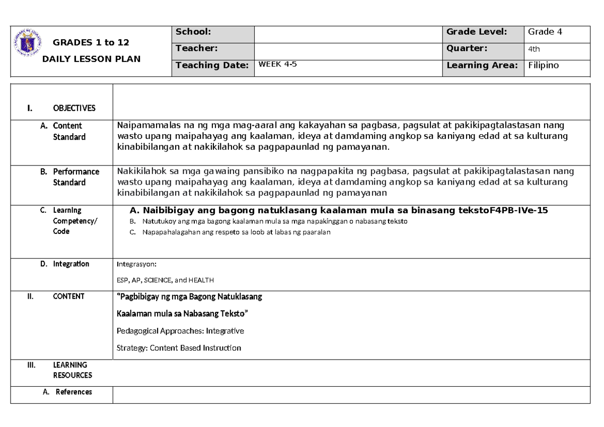 Grade 4-COT-DLp-FIL-4TH-Quarter - GRADES 1 to 12 DAILY LESSON PLAN ...