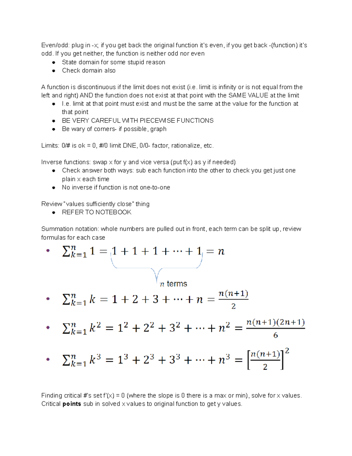 Calc Summary - Even/odd: plug in -x; if you get back the original ...