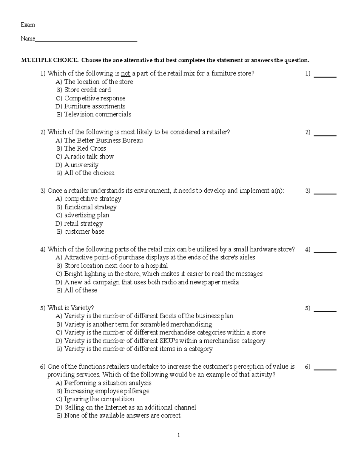 retail multiple choice ques. (mcq) ExamName