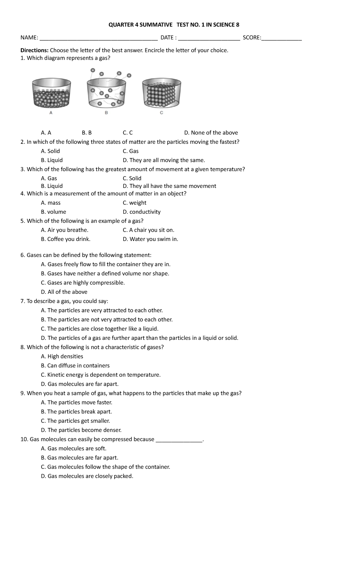 Quarter 4 Summative 1 Science 8 - QUARTER 4 SUMMATIVE TEST NO. 1 IN ...