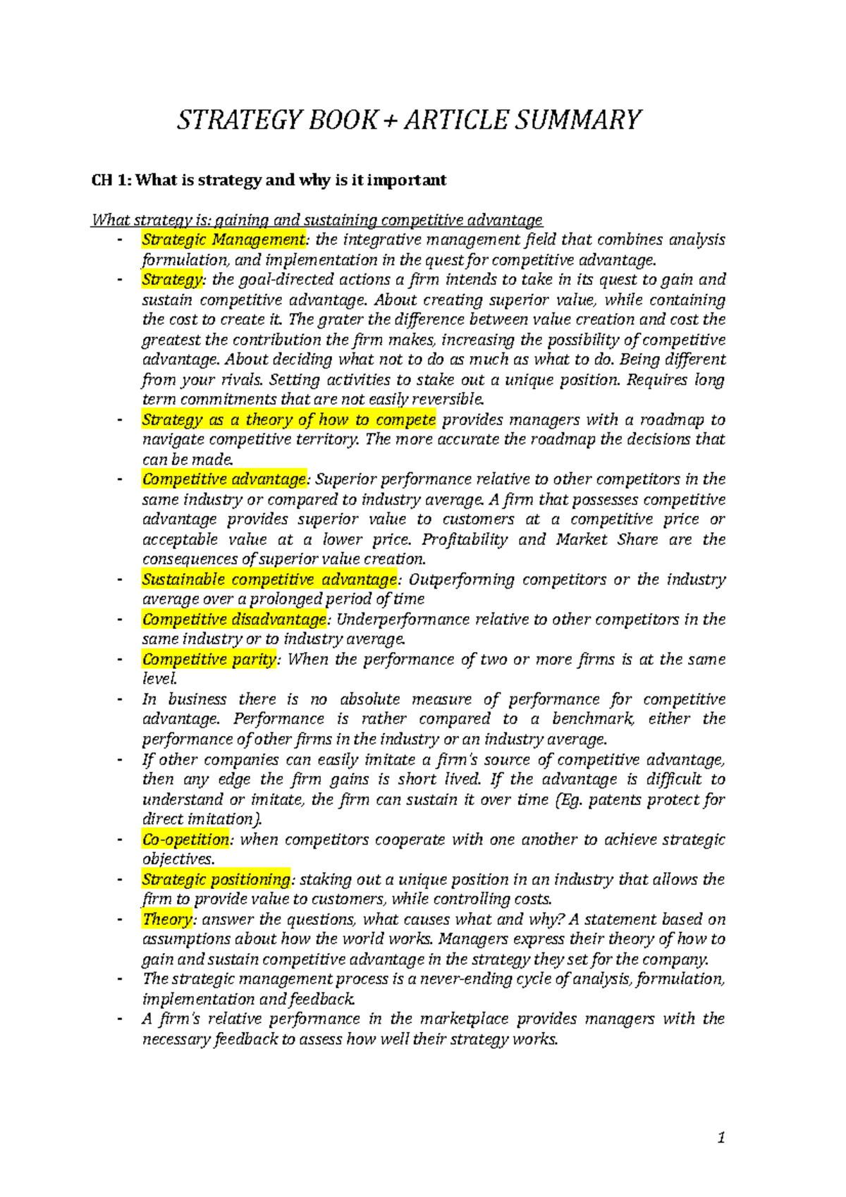 Strategy BOOK Summary - STRATEGY BOOK ARTICLE SUMMARY CH 1: What is ...