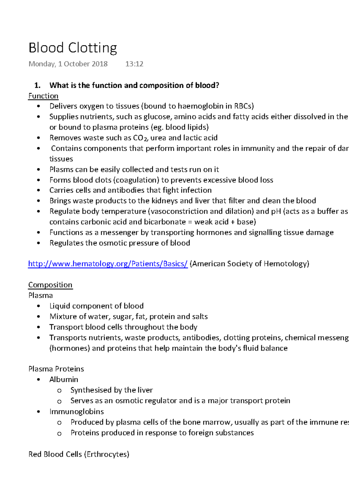Blood Clotting What is the function and composition of blood