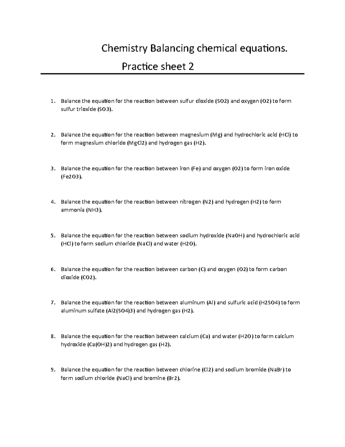 Chemistry Balancing Chemical Equations Practice Sheet 2 Balance The