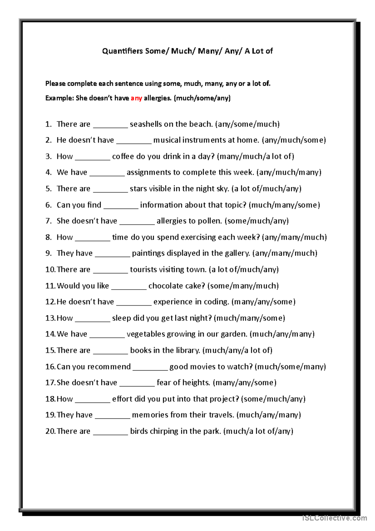 Quantifiers 2 Some Much Many Any A Lot of - Quan fiers Some/ Much/ Many ...