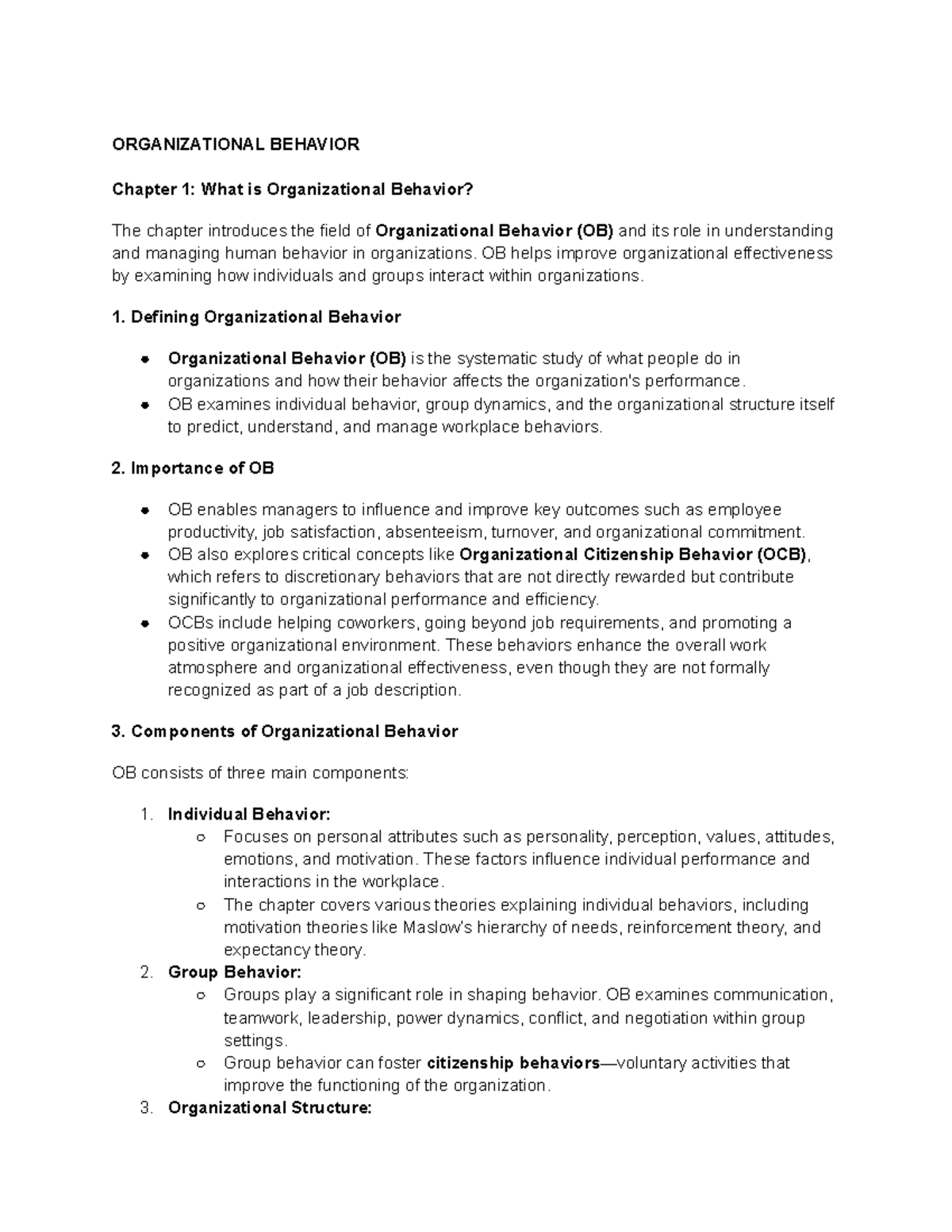 Organizational Behavior Notes - ORGANIZATIONAL BEHAVIOR Chapter 1: What ...