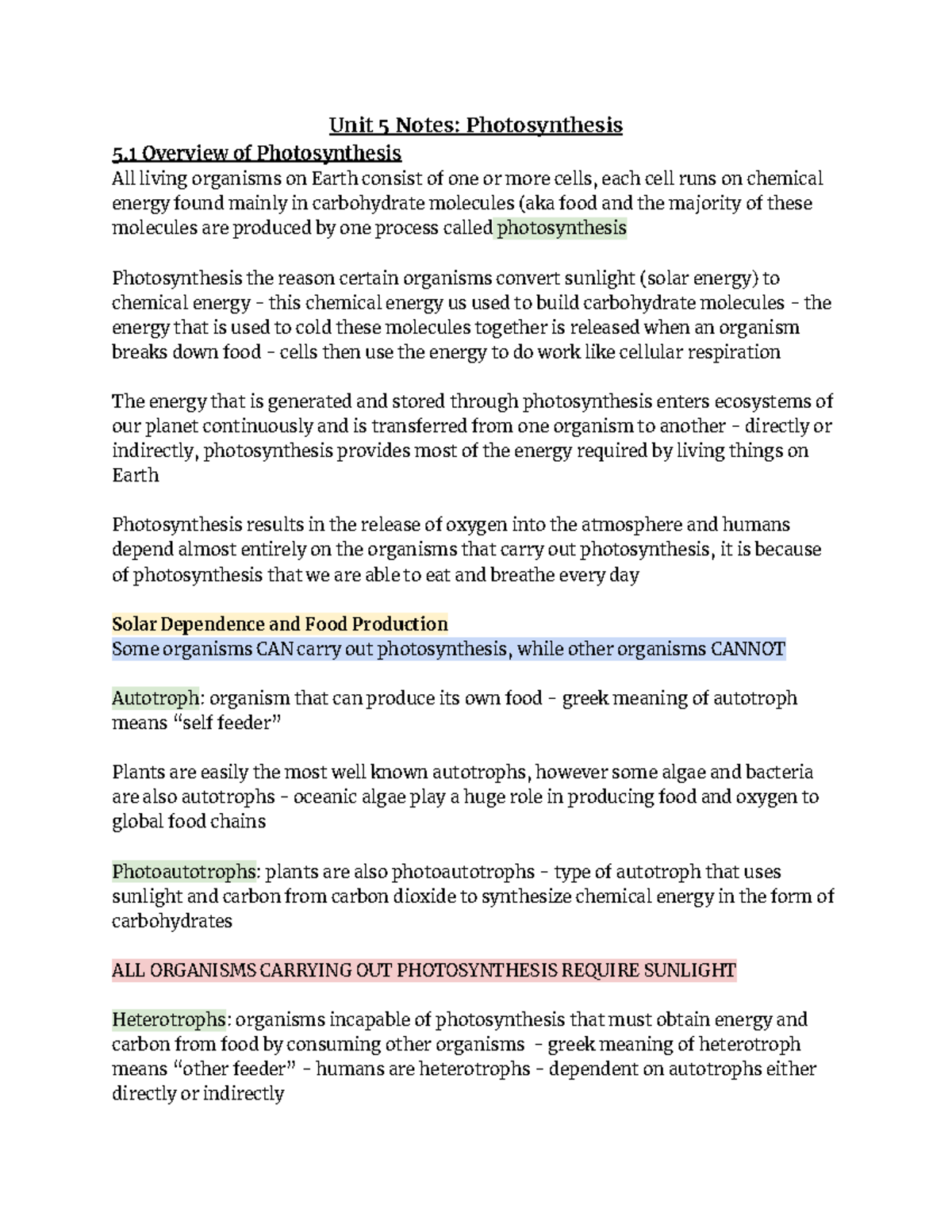 Biology Unit 5 Notes - Unit 5 Notes: Photosynthesis 5 Overview Of ...