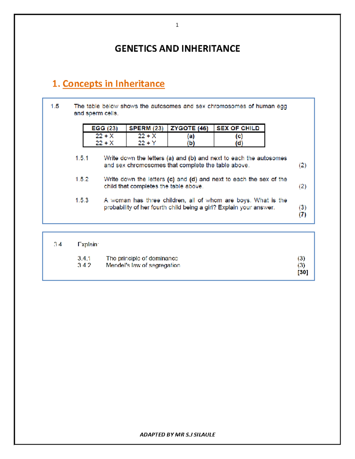 Genetics practice - GENETICS AND INHERITANCE 1. Concepts in Inheritance ...