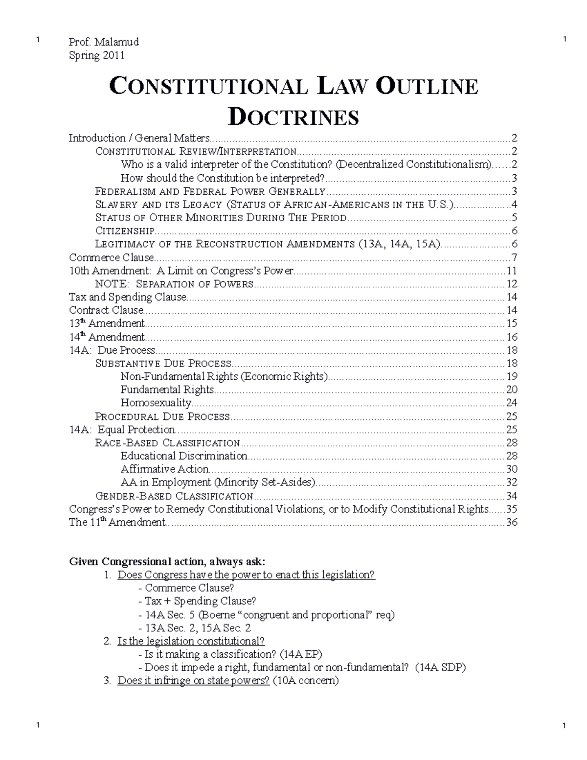 Con Law outline - Prof. Malamud Spring 2011 CONSTITUTIONAL LAW OUTLINE ...