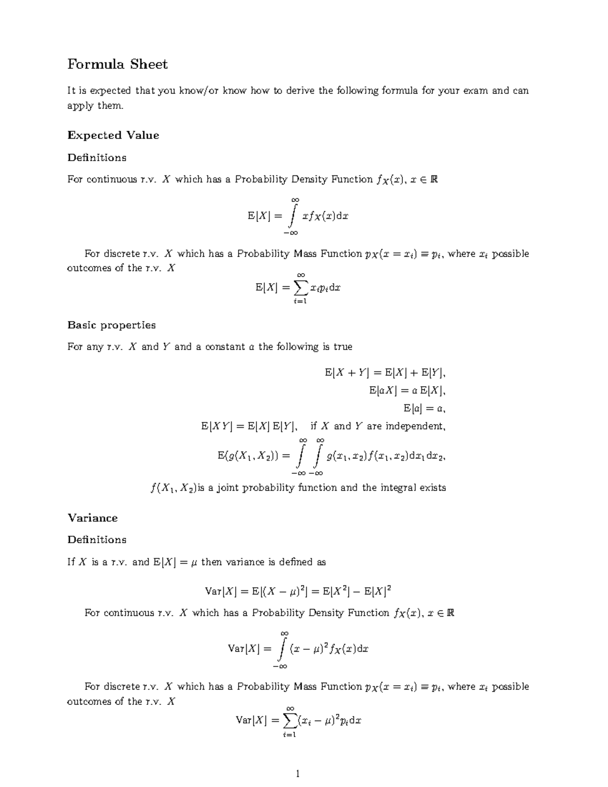 Formula Sheet Formula Sheet It is expected that you know/or know how