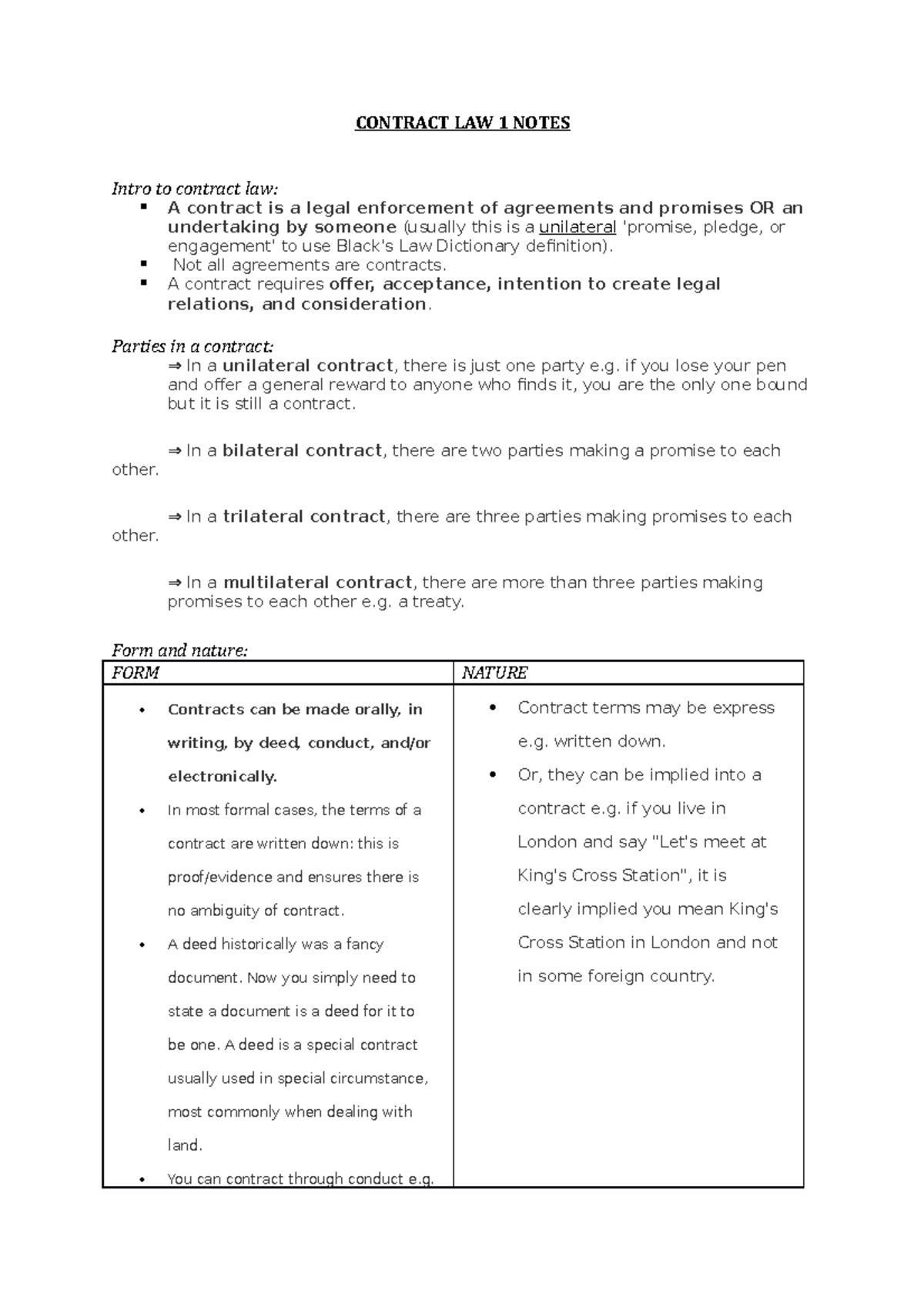 Contract LAW 1 Notes - CONTRACT LAW 1 NOTES Intro to contract law: A ...