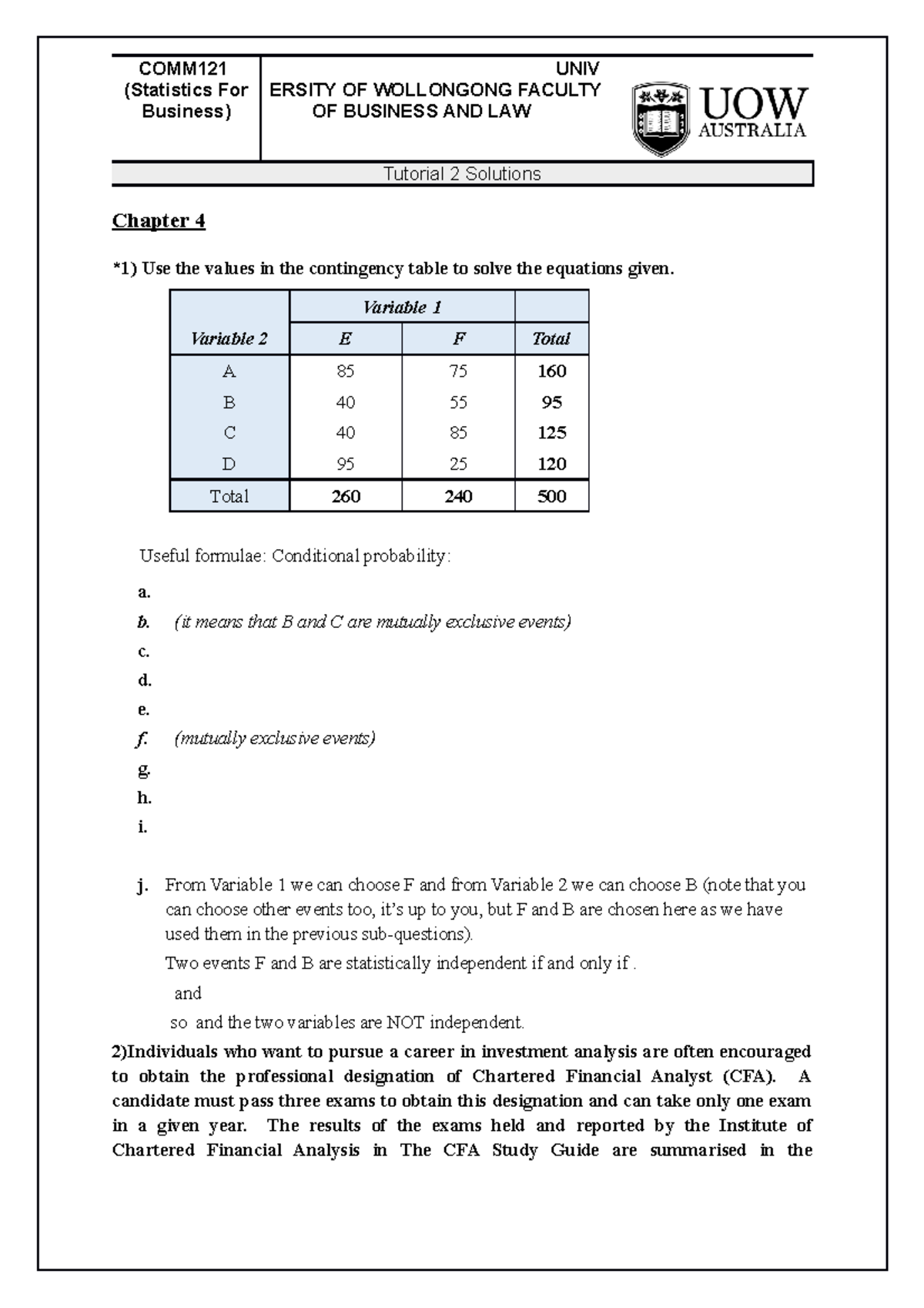 COMM121 T02 Solutions Chapters 4-5 Tutorial Work - COMM (Statistics For ...