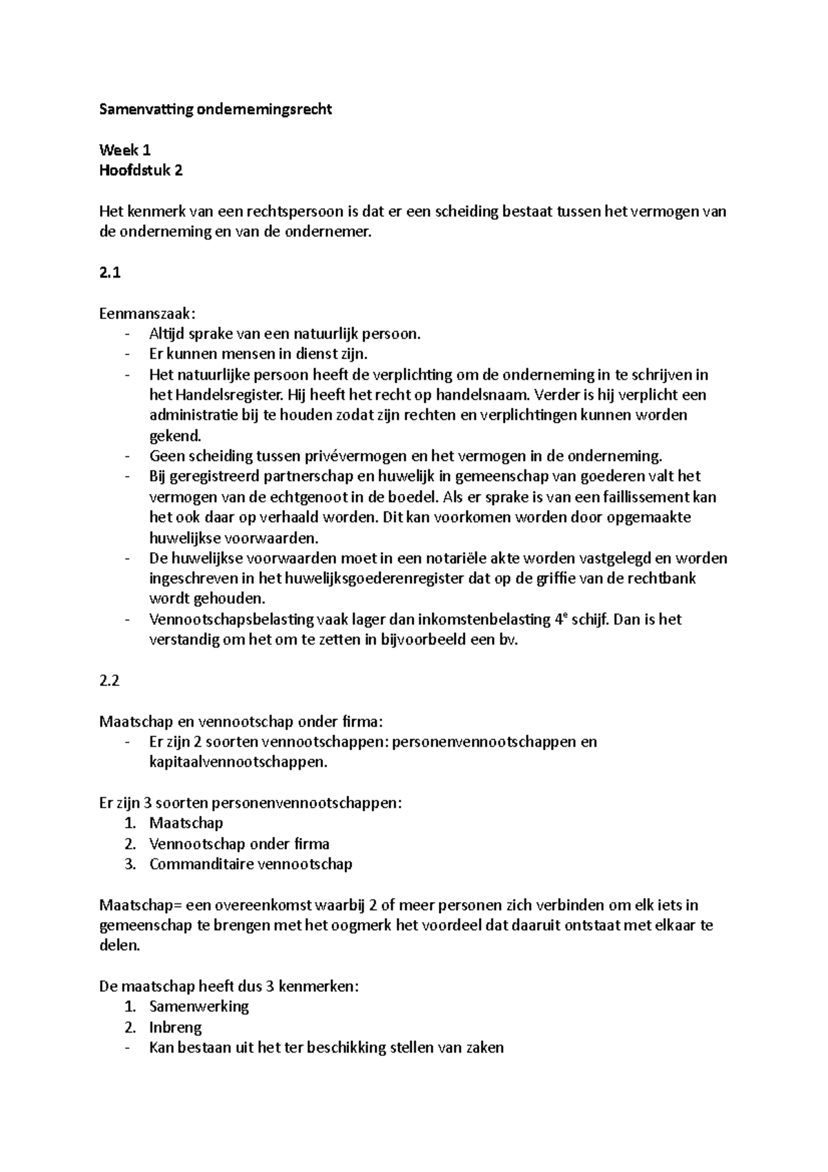 Samenvatting ondernemingsrecht Samenvatting kenmerk van een