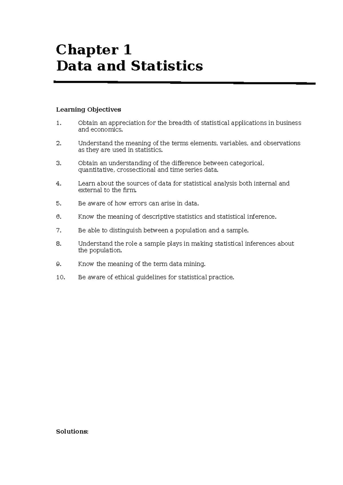 Chapter 1 - Chapter 1 Data and Statistics Learning Objectives Obtain an ...