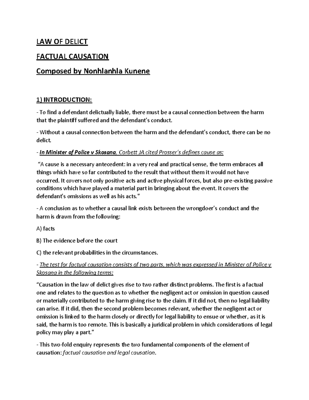 Law Of Delict Summary Notes On Factual Causation - LAW OF DELICT ...