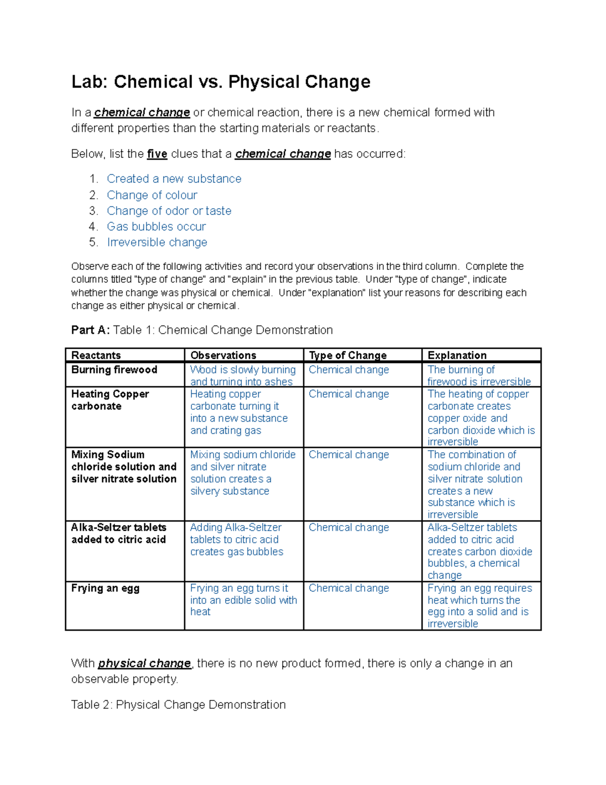 Physical Chemical Changeworksheet - Lab: Chemical vs. Physical Change ...