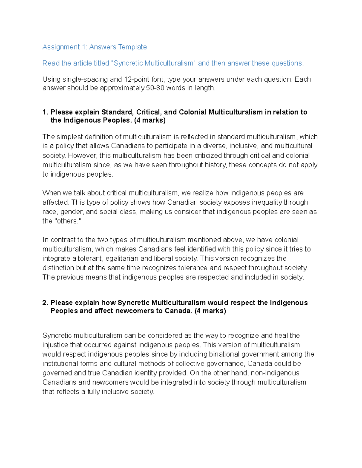 Assignment 1 template - Assignment 1: Answers Template Read the article ...