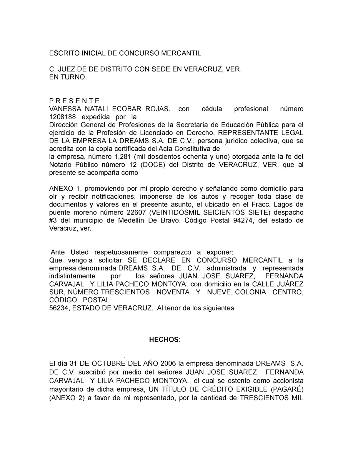 Demanda Concurso Mercantil - ESCRITO INICIAL DE CONCURSO MERCANTIL C ...