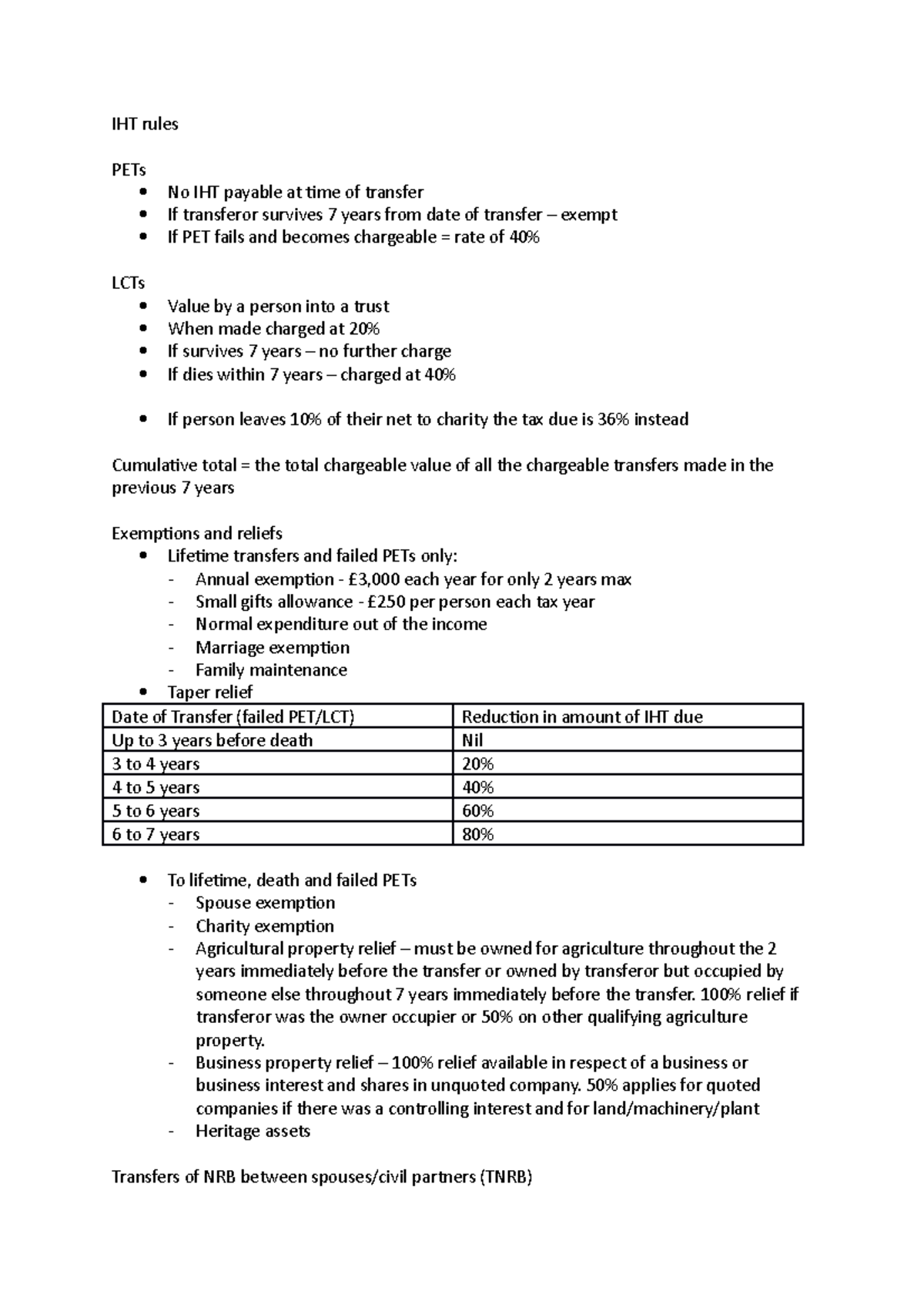 IHT rules notes from textbook IHT rules PETs No IHT payable at time