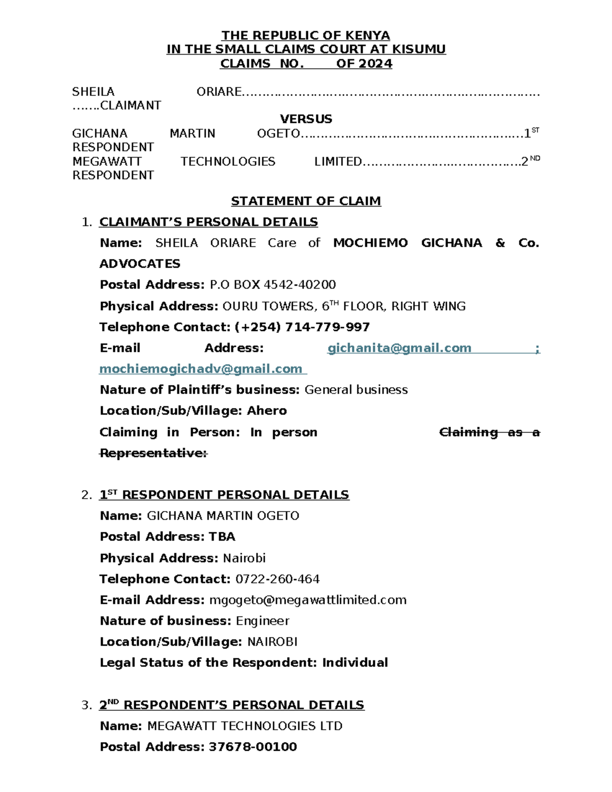 Sheila Megawatt Small Claims Court Final - THE REPUBLIC OF KENYA IN THE ...